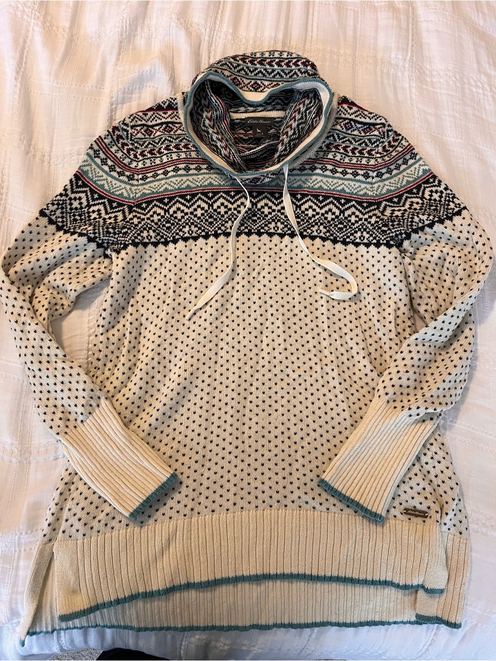 Eddie Bauer Cream Patterned Cowl Neck Sweater with Teal & Black Accents